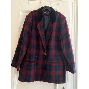 SAG HARBOR Vintage 90's Wool Dark Red Navy Plaid Blazer Equestrian Size 20W